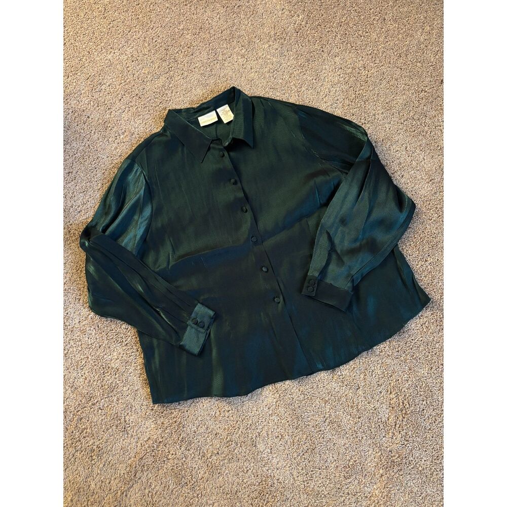 Vintage Blouse Womens 26W Green Metallic Glitzy Button Down Holiday